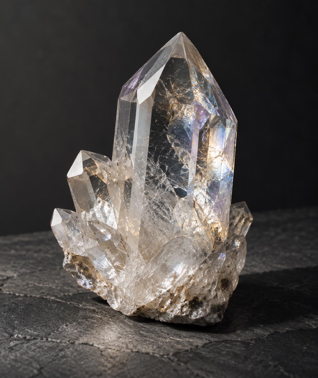 Clear faceted crystal on dark stone